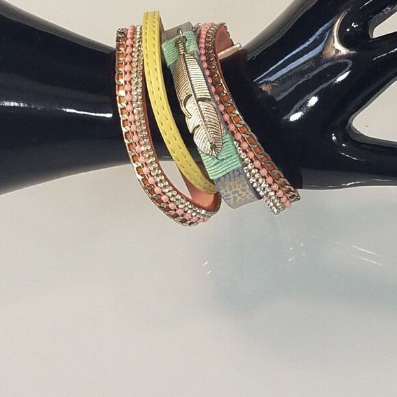 Feather Charm Faux Leather Wrap Bracelet Bling Multi Layer With Magnetic Clasp - Picture 2 of 8